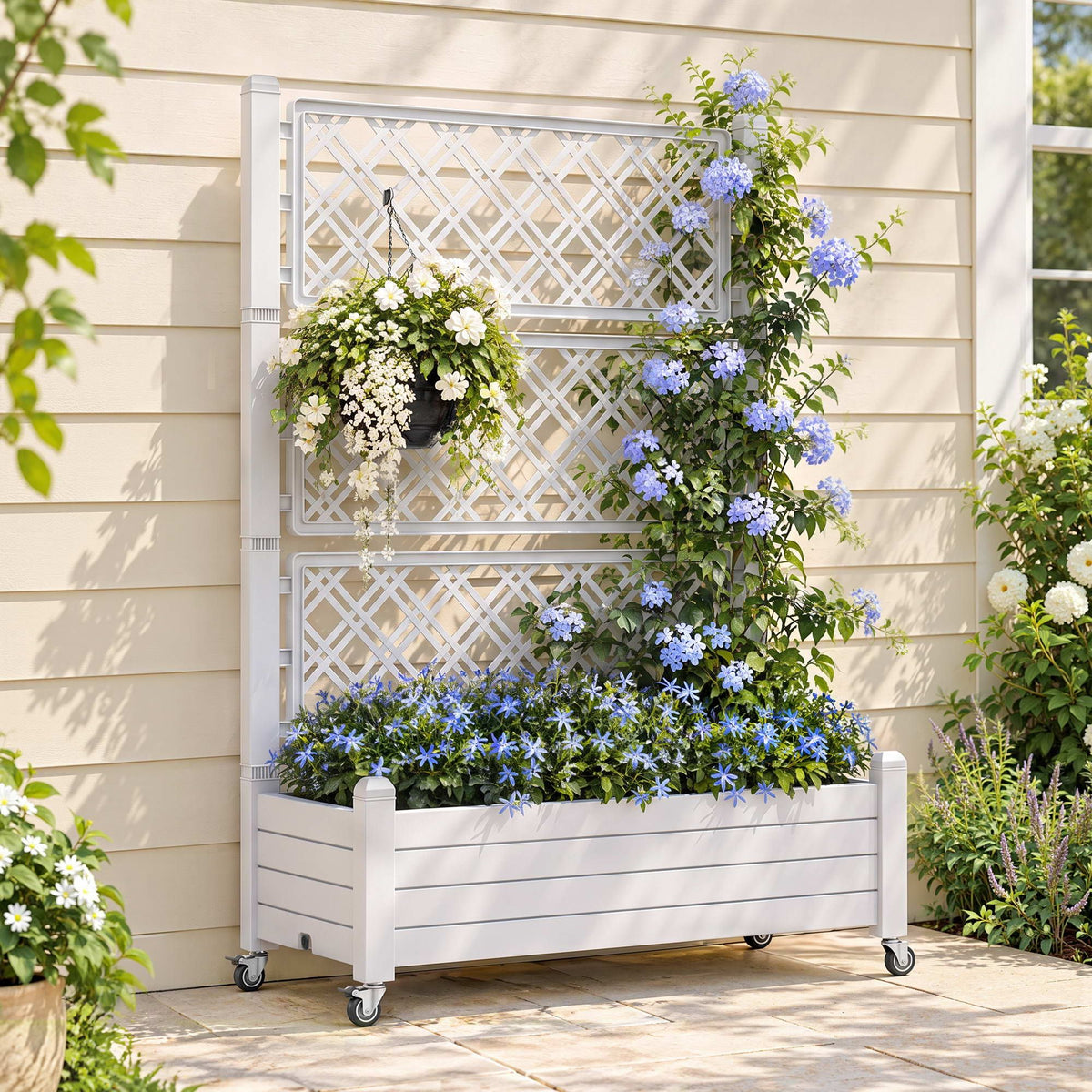Green Fingers Mobile Planter Box with Trellis, Self Watering Garden Bed & Privacy Screen for Climbing Plants Flowers, White