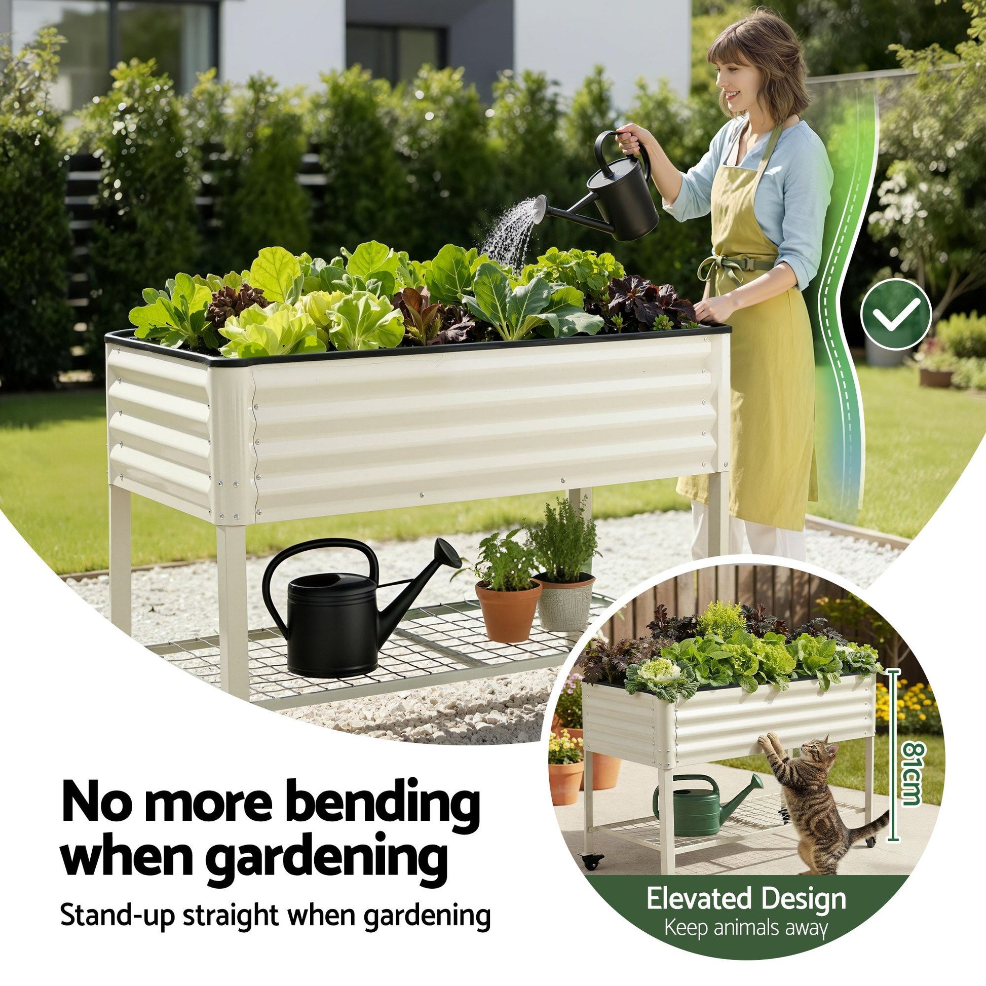 Green Fingers Mobile Raised Garden Bed With Wheels Storage Shelf 81cm Height for Vegetables Herb White
