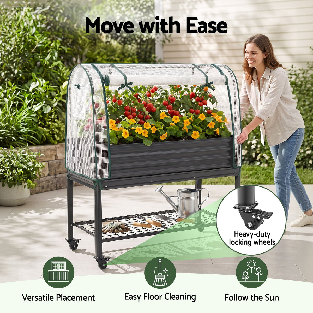 Green Fingers Mobile Raised Garden Bed with Greenhouse Cover Storage Shelf for Tomato Vegetables Herb Charcoal