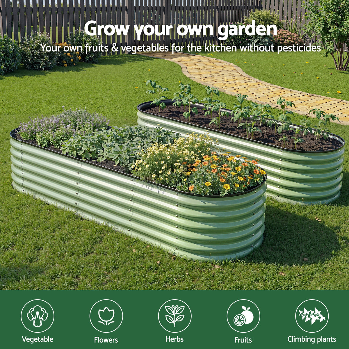 Green Fingers Oval Raised Garden Bed Galvanised Planter Box Rust Resistant 240x60x45cm Green