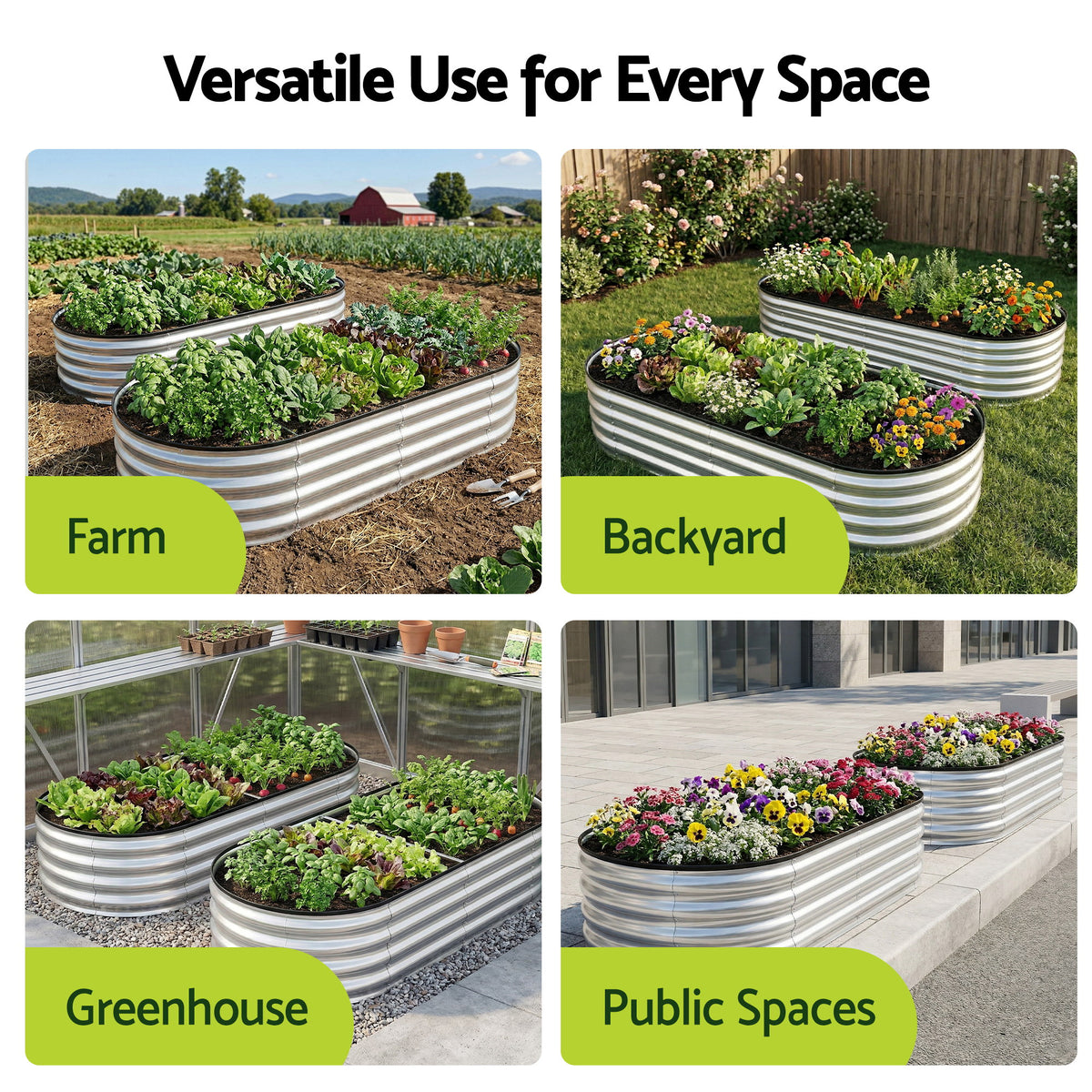 Green Fingers Raised Garden Bed Galvanised Oval Metal Planter Box Large Outdoor 150x70x30cm Silver