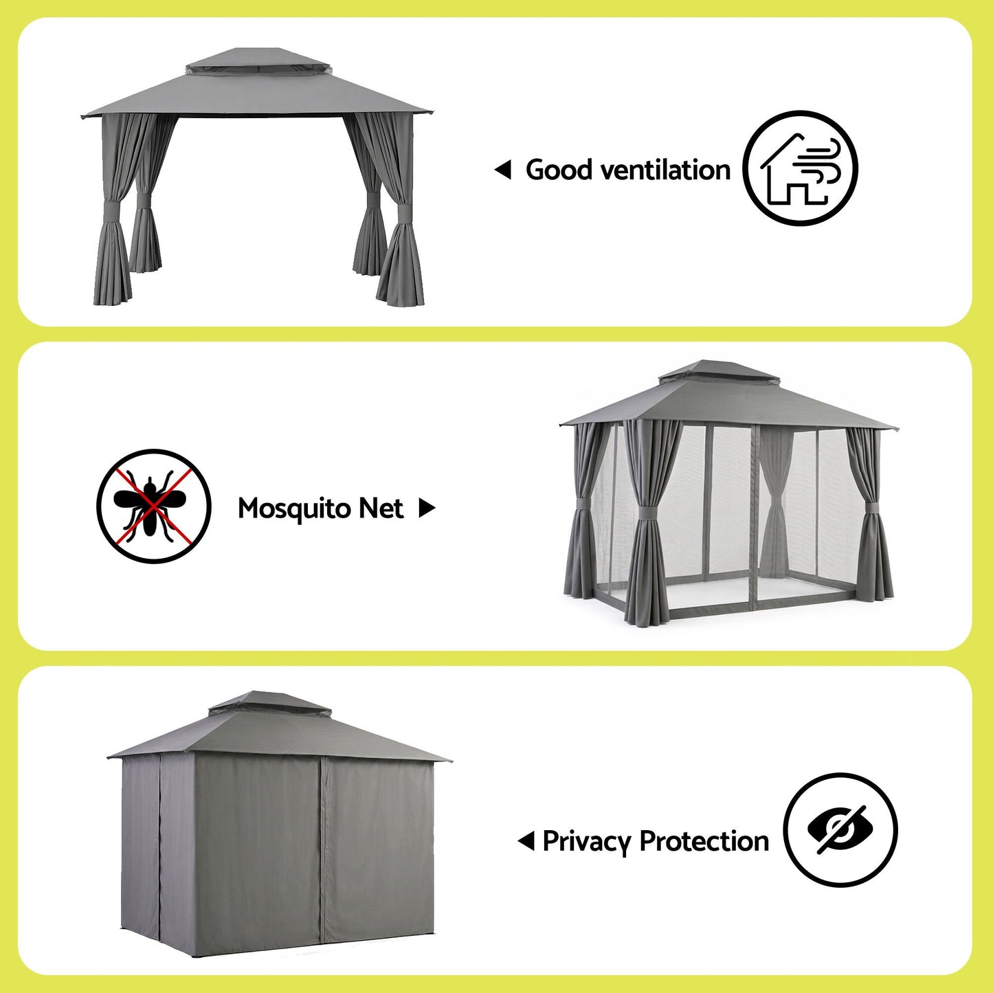 Instahut Gazebo 3x3m Canopy Outdoor Steel Frame Patio Tent Curtains Marquee Grey
