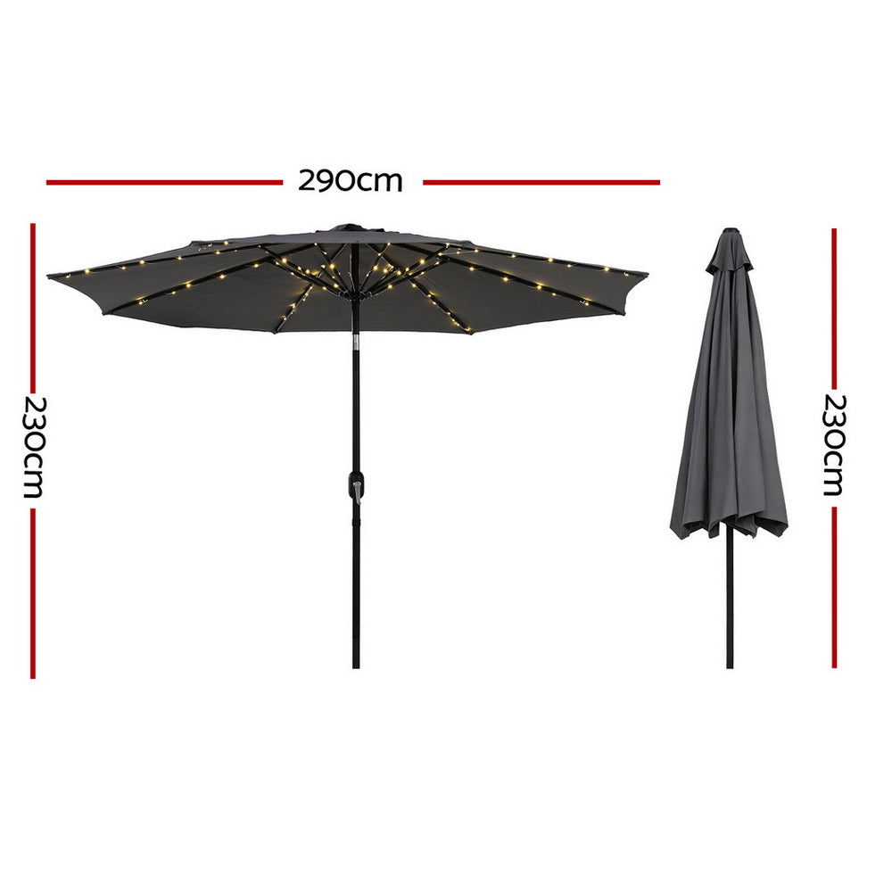 Instahut Outdoor Umbrella 2.9m Market Umbrella with String Light Tilt Charcoal Shade