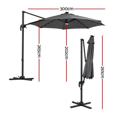 Instahut Outdoor Umbrella 3m Solar LED Offset Cantilever Patio Parasol Charcoal