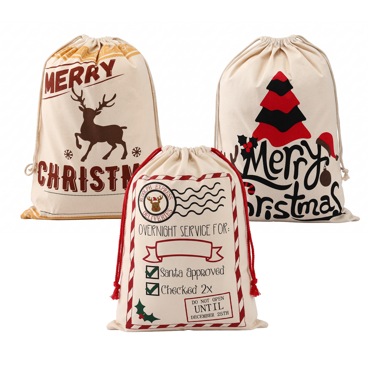 Jingle Jollys 3PCS Christmas Gift Storage Bags Large Reusable Personalised Canvas Bags