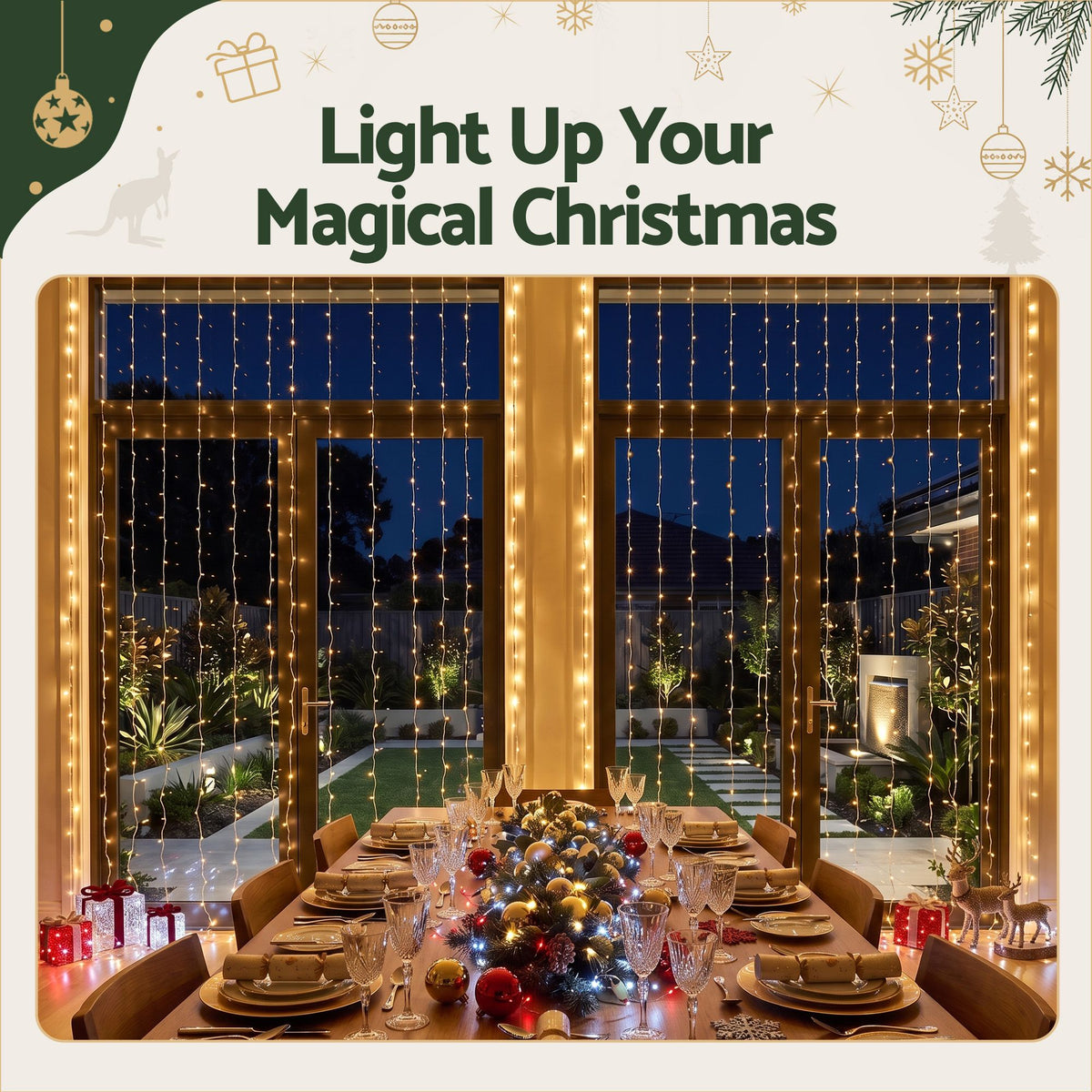 Jingle Jollys 3X3M Christmas Lights Curtain String Light 300 LED Warm White