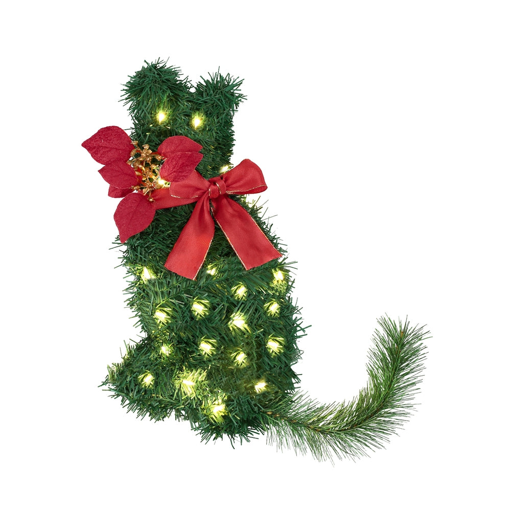 Jingle Jollys Cat Christmas Wreath Pre-lit 20 LED Xmas Decor Bow Flower 35x30cm