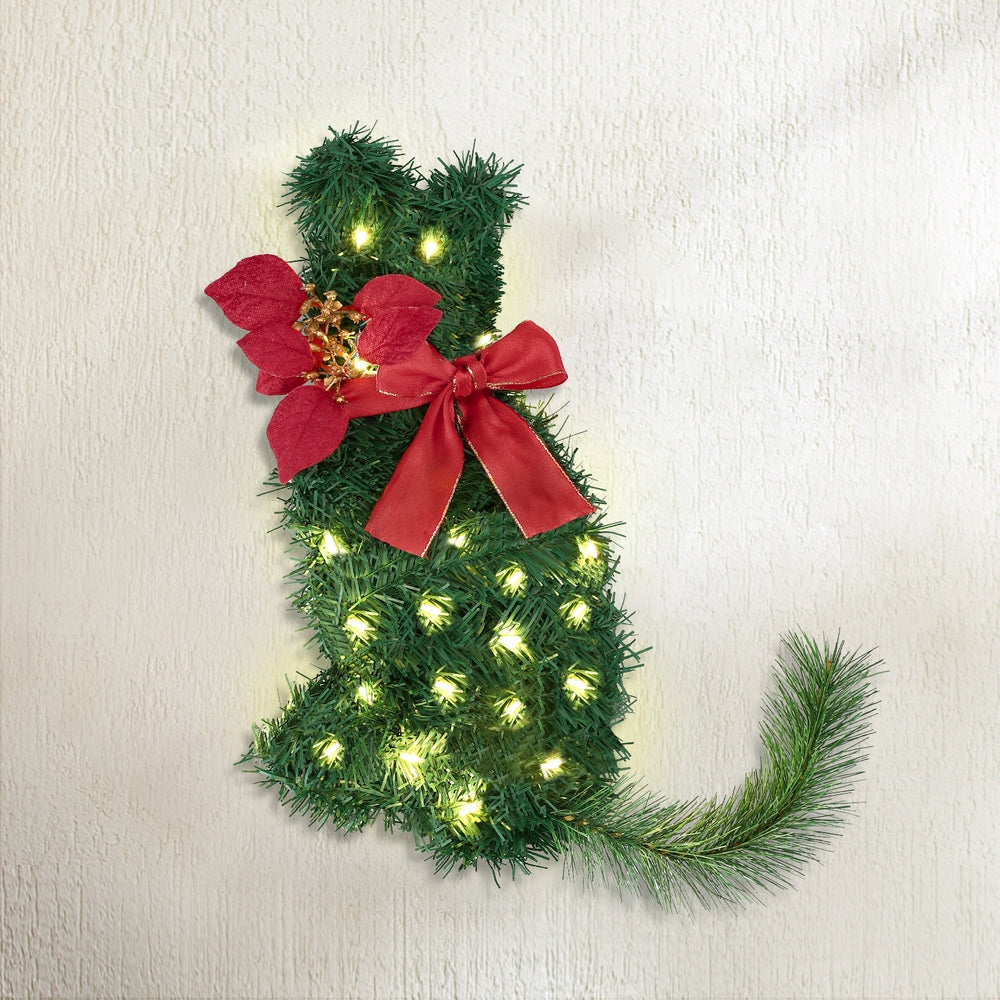 Jingle Jollys Cat Christmas Wreath Pre-lit 20 LED Xmas Decor Bow Flower 35x30cm