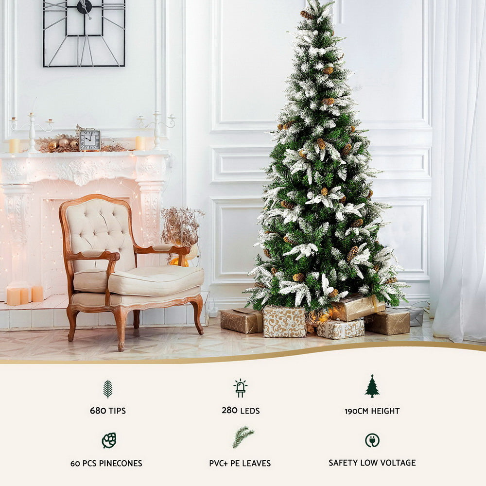 Jingle Jollys Christmas Tree 190cm Pine Cones LED Flocking Xmas Tree 680 Tips