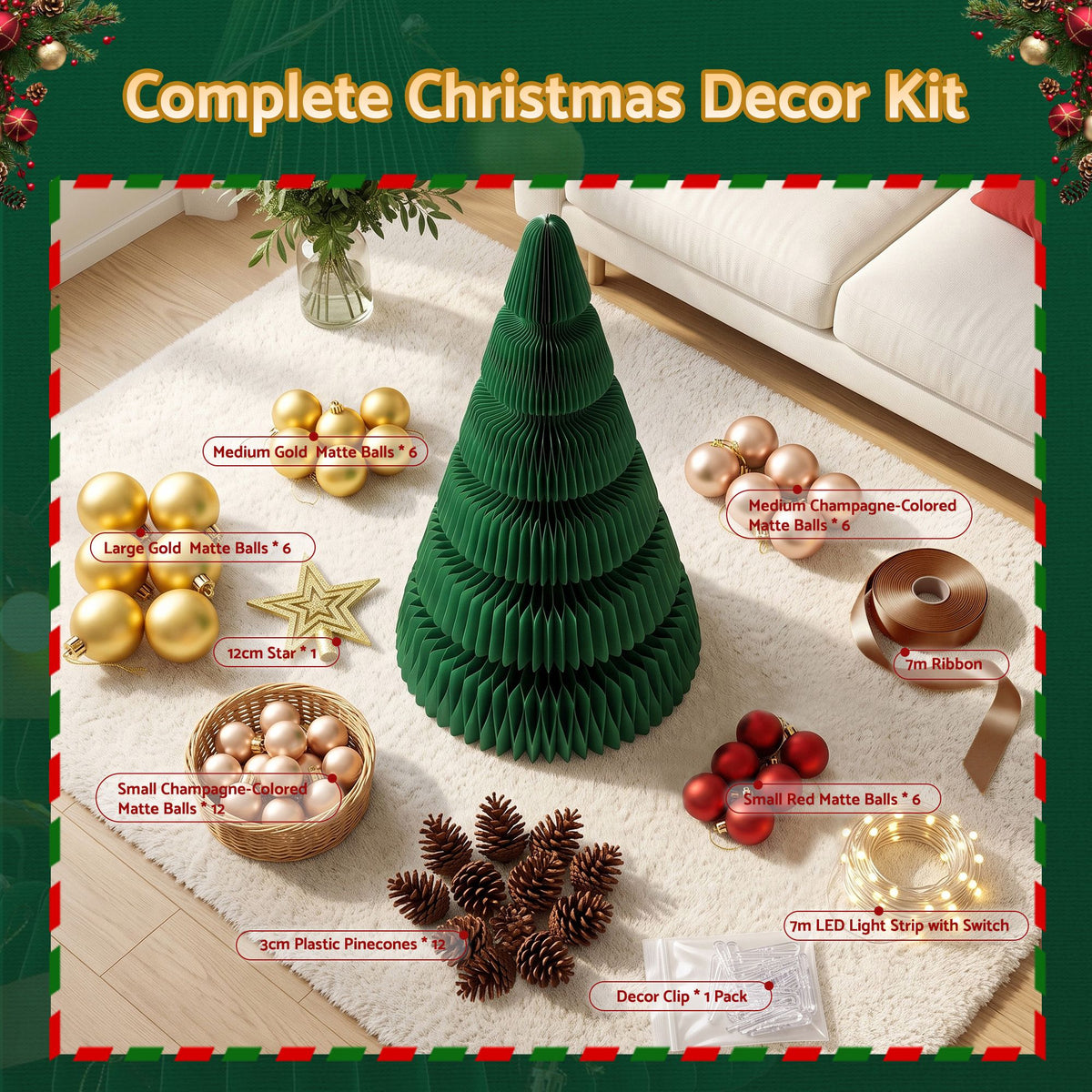 Jingle Jollys 111cm Christmas Tree Decoration with Lights Foldable Paper Tree