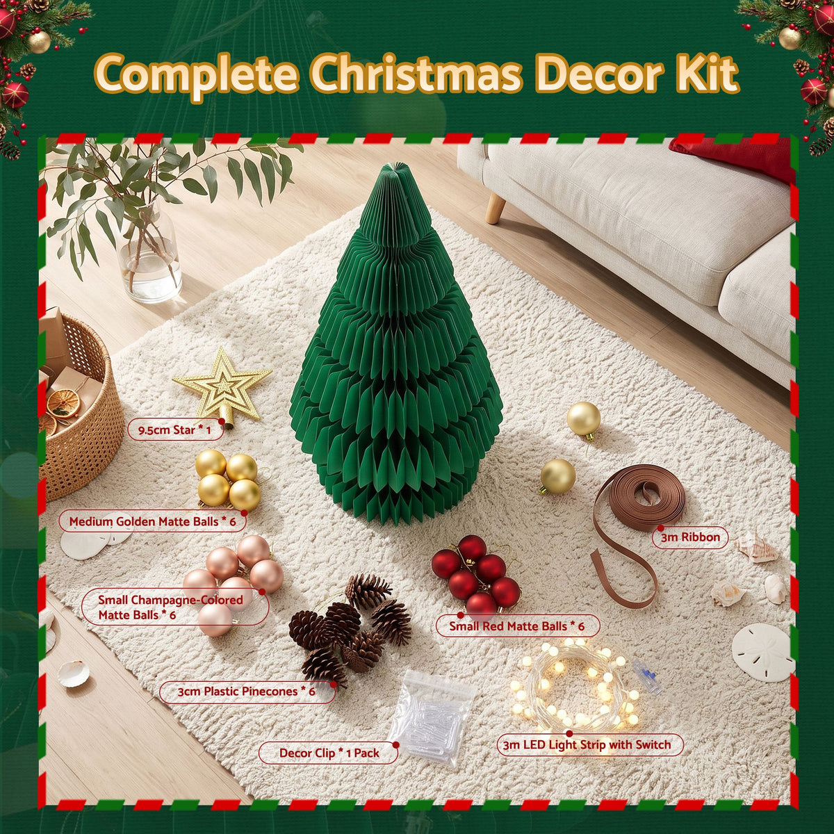 Jingle Jollys 3D Honeycomb Paper Christmas Tree Kit For Home Office Cafe Outdoor