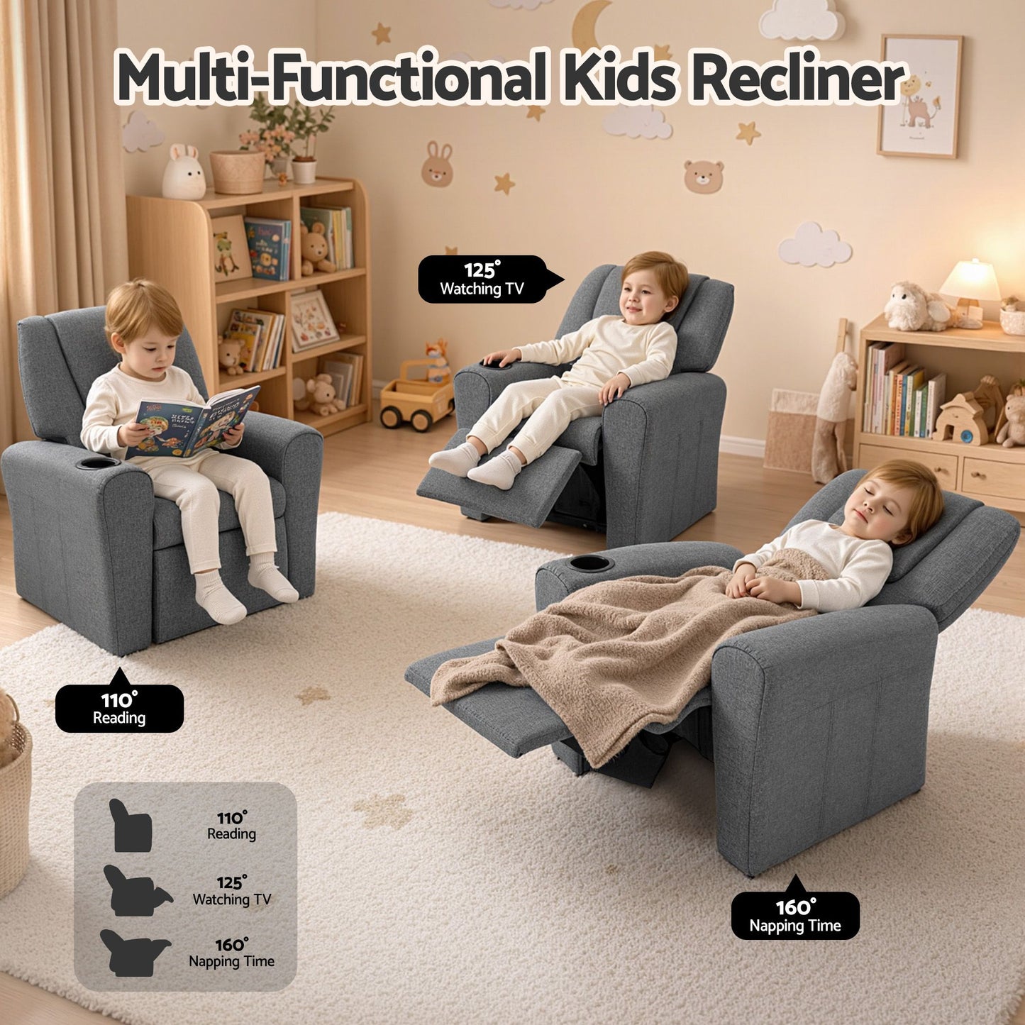 Keezi Kids Recliner Chair Grey Linen Soft Sofa Lounge Couch Children Armchair