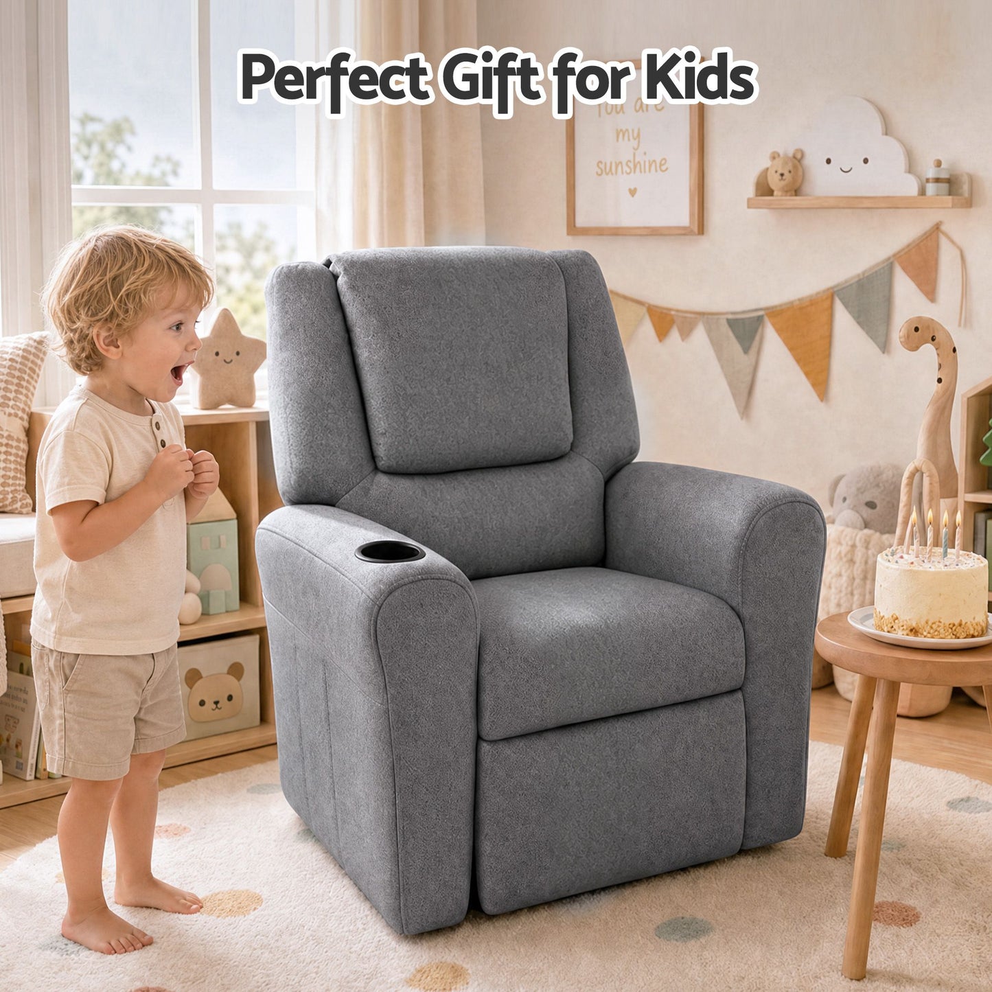 Keezi Kids Recliner Chair Grey Linen Soft Sofa Lounge Couch Children Armchair