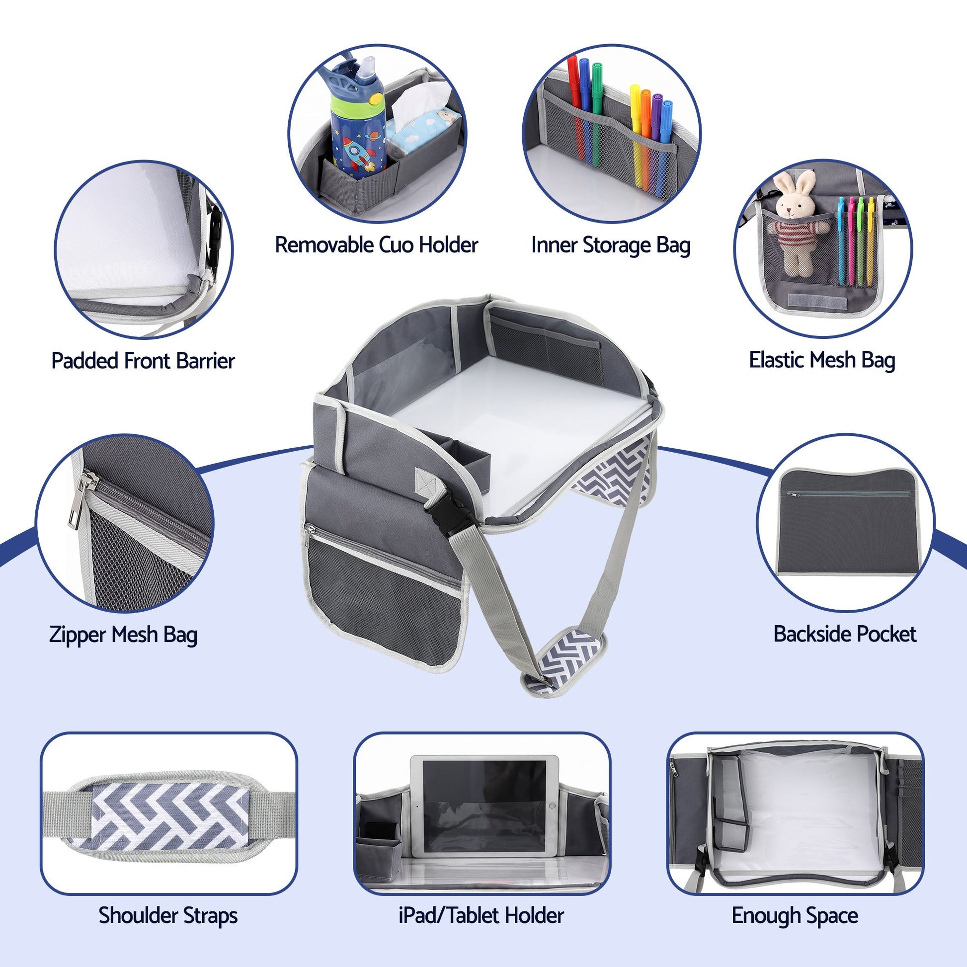 Keezi Kids Travel Tray Car Seat Lap Desk Portable Car Desk Organiser for Car & Airplane Grey