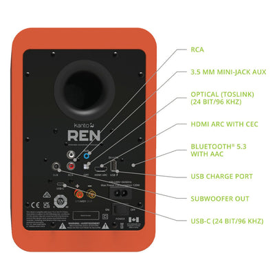 Kanto REN 200W Powered Bookshelf Speakers with HDMI ARC, USB-C, and Bluetooth 5.3 - Matte Orange, Pair