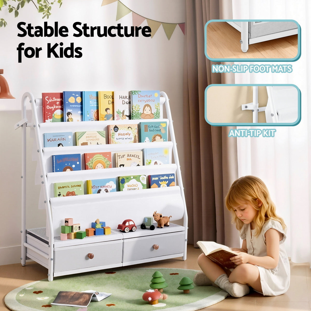 Keezi Kids Bookshelf Metal Storage Rack Toy Organiser Display Shelf Drawer White