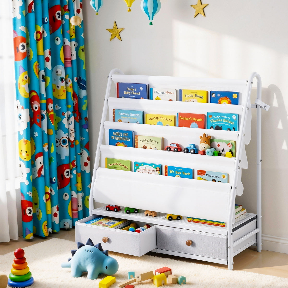 Keezi Kids Bookshelf Metal Storage Rack Toy Organiser Display Shelf Drawer White