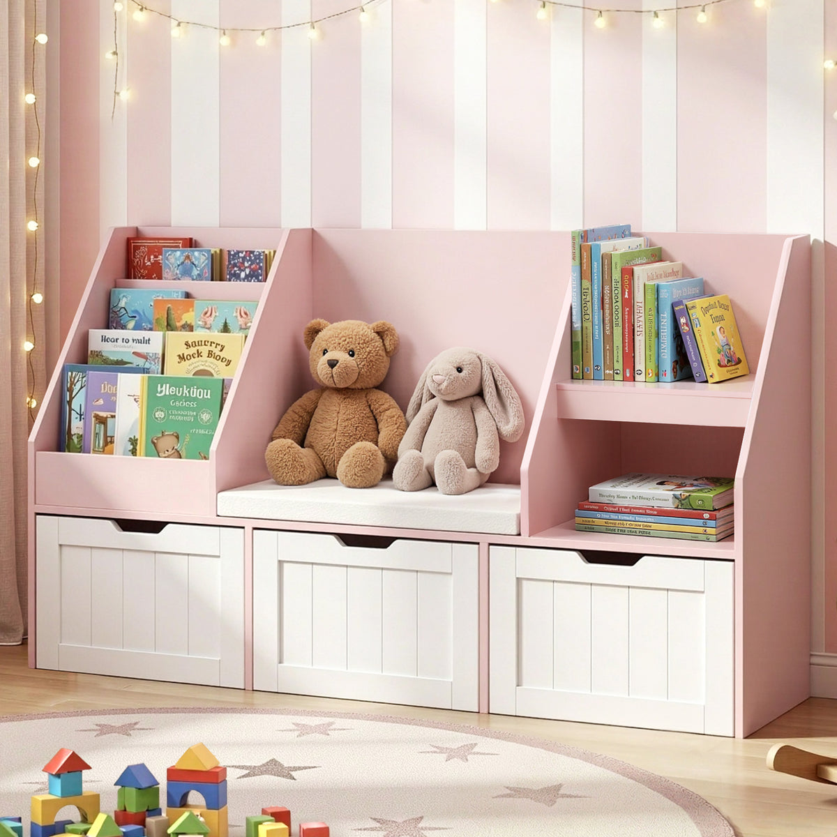 Keezi Kids Bookshelf Storage Organiser Toy Box Drawer Bench Seat Cabinet Pink