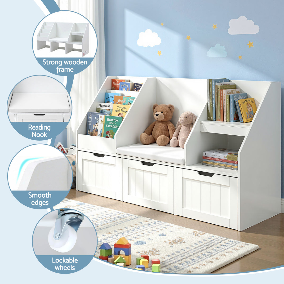 Keezi Kids Bookshelf Storage Organiser Toy Box Drawer Bench Seat Cabinet White