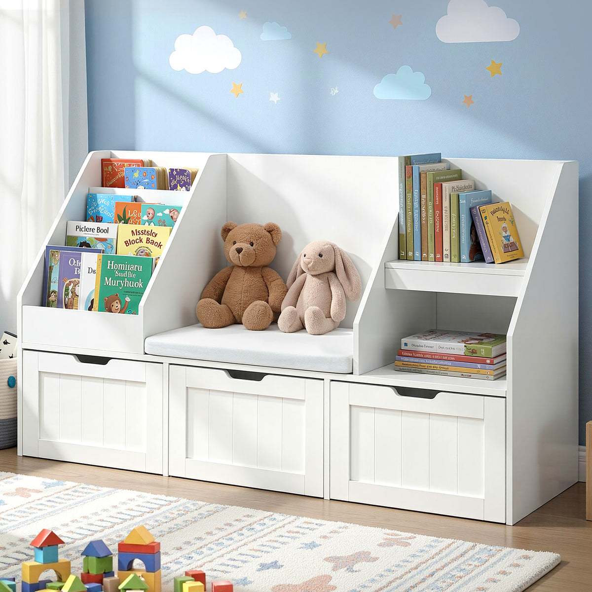 Keezi Kids Bookshelf Storage Organiser Toy Box Drawer Bench Seat Cabinet White