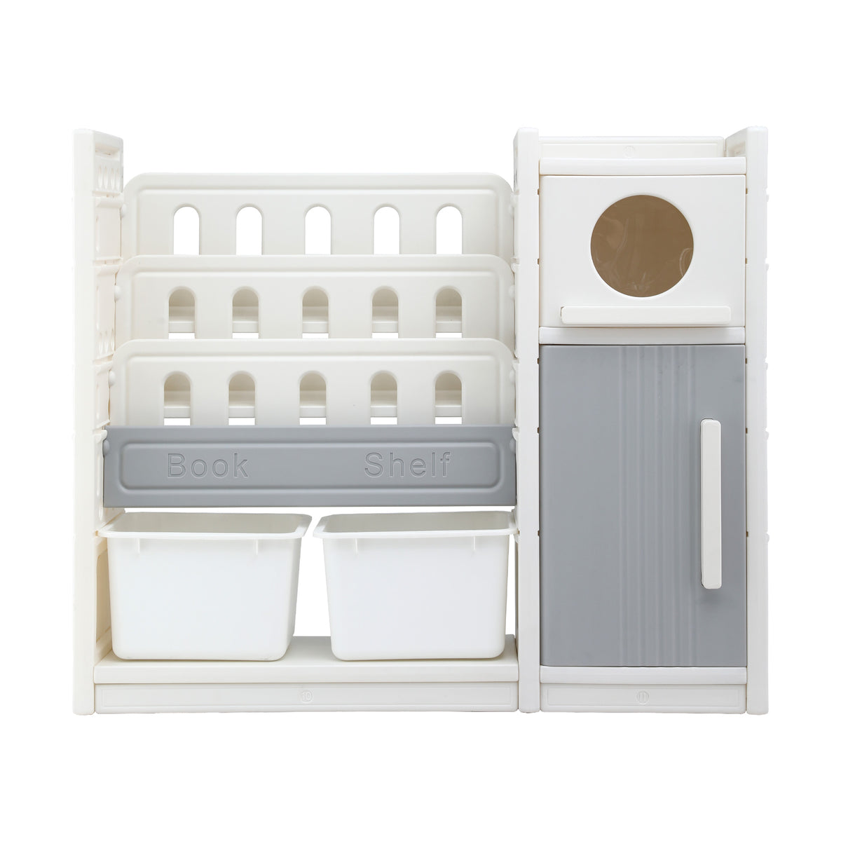 Keezi Kids Bookshelf and Toy Storage Organizer with 3-Tier Bookshelvs, 2 Removable Bins and 2 Storage Cabinets, Toddler Bookshelf with Toy Organizer for Kids' Rooms, Playrooms