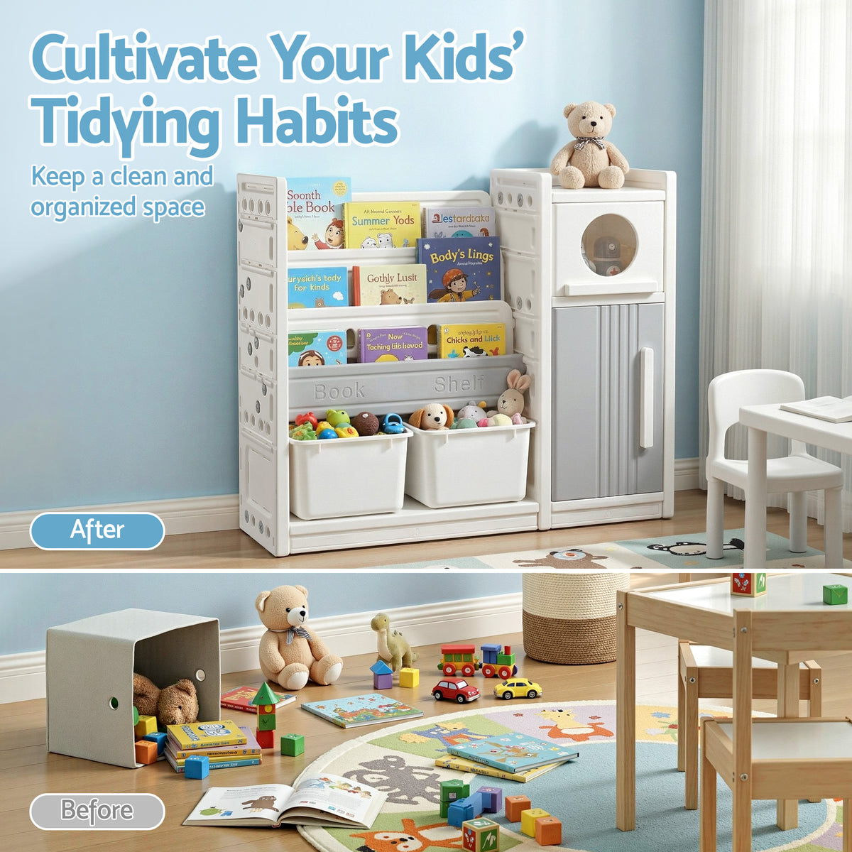 Keezi Kids Bookshelf and Toy Storage Organizer with 3-Tier Bookshelvs, 2 Removable Bins and 2 Storage Cabinets, Toddler Bookshelf with Toy Organizer for Kids' Rooms, Playrooms