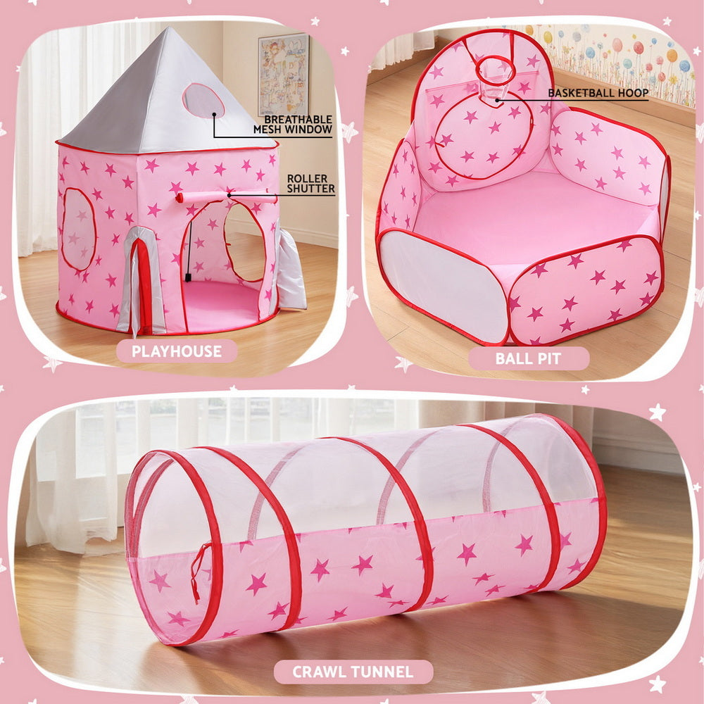 Keezi Kids Playhouse Play Tent Pop Up Castle Crawl Tunnel Basketball Hoop Pink