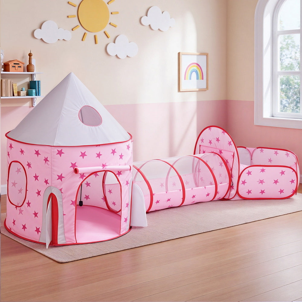 Keezi Kids Playhouse Play Tent Pop Up Castle Crawl Tunnel Basketball Hoop Pink