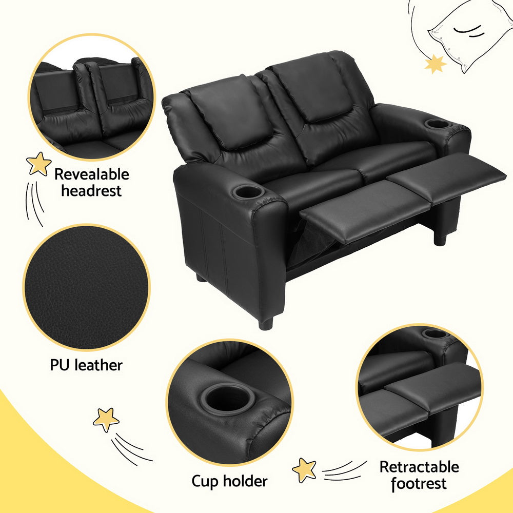 Keezi Kids Recliner Chair 2 Seats PU Leather Sofa Lounge Couch Armchair Black