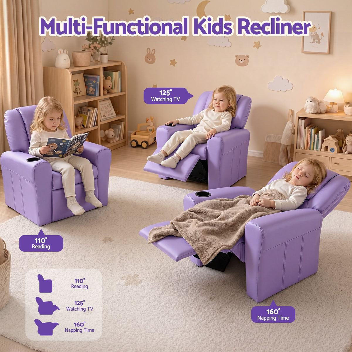 Keezi Kids Recliner Chair PU Leather Sofa Lounge Couch Children Armchair Purple