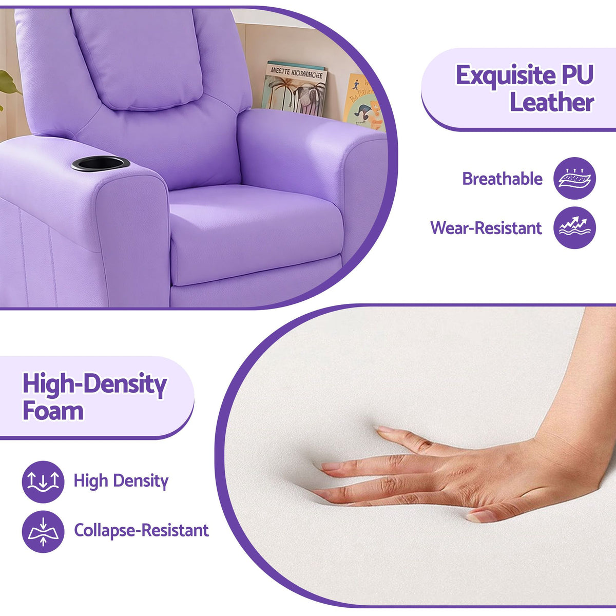 Keezi Kids Recliner Chair PU Leather Sofa Lounge Couch Children Armchair Purple
