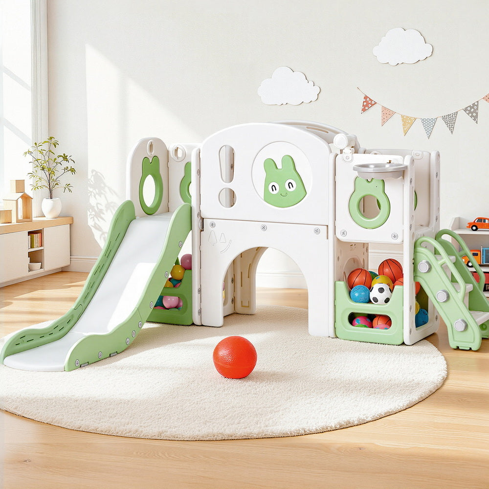 Keezi Kids Slide Swing Set Ball Hoop Rings Football Outdoor Toys Green