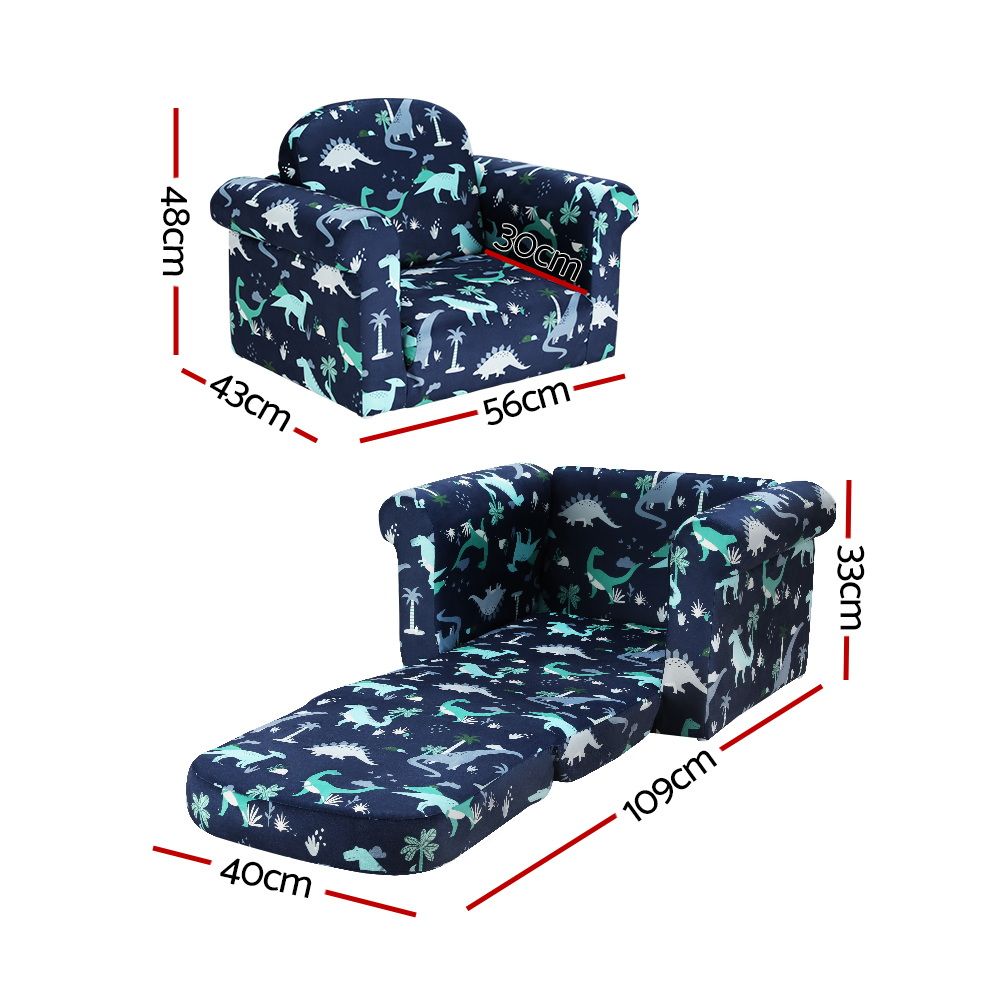Keezi Kids Sofa 1 Seater Children Flip Open Couch Lounger Armchair Dinosaur Navy