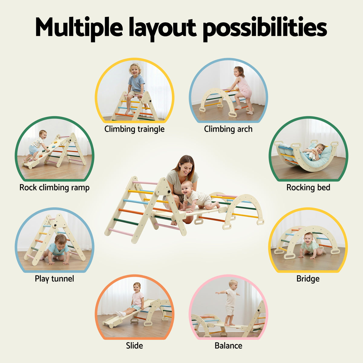 Keezi Kids Triangle Climbing Toys Set With Slide Indoor Outdoor Toddler Toys Pikler Climber With Arch