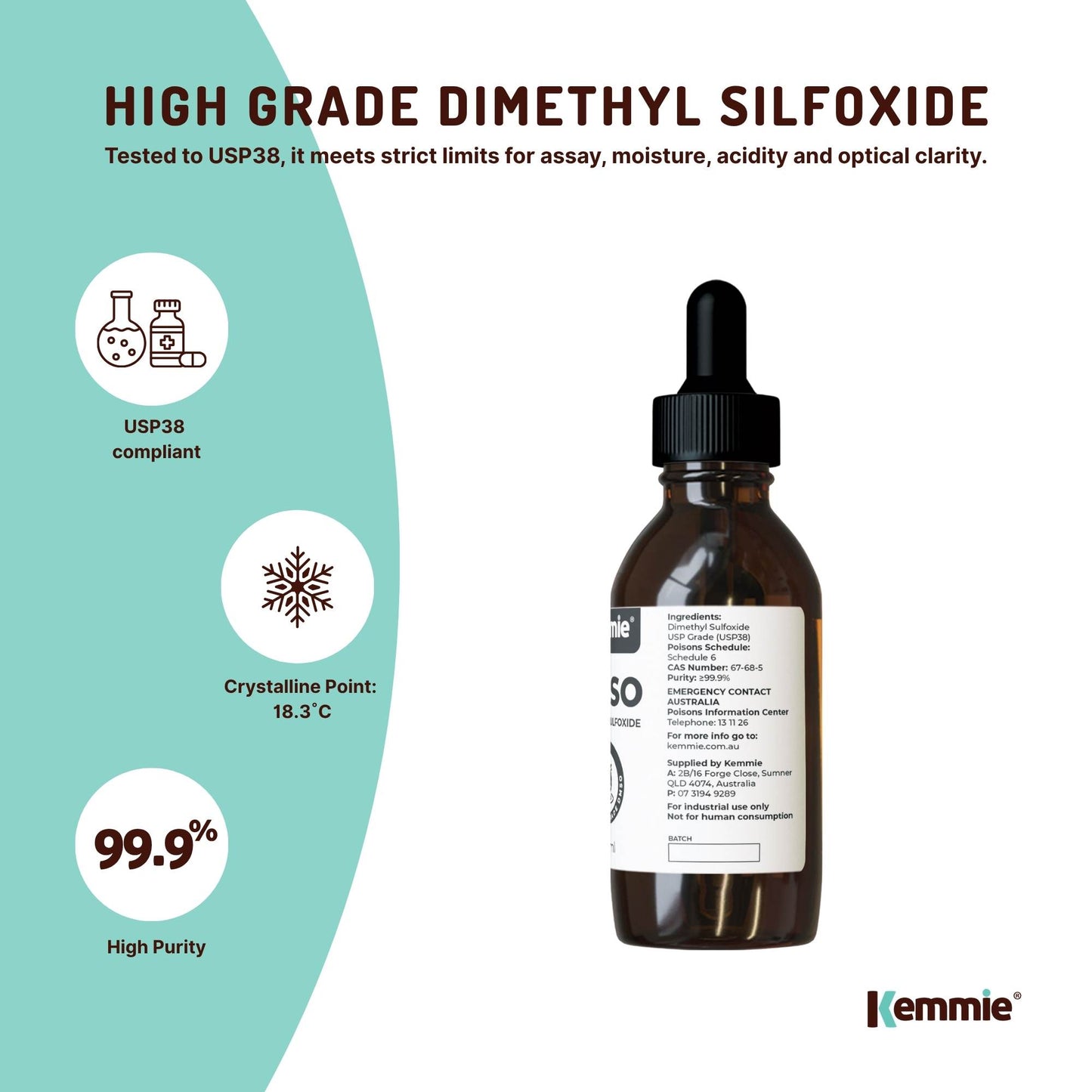 Kemmie 100ml DMSO Liquid 99.9% Pure - USP Grade Dimethyl Sulfoxide Dropper