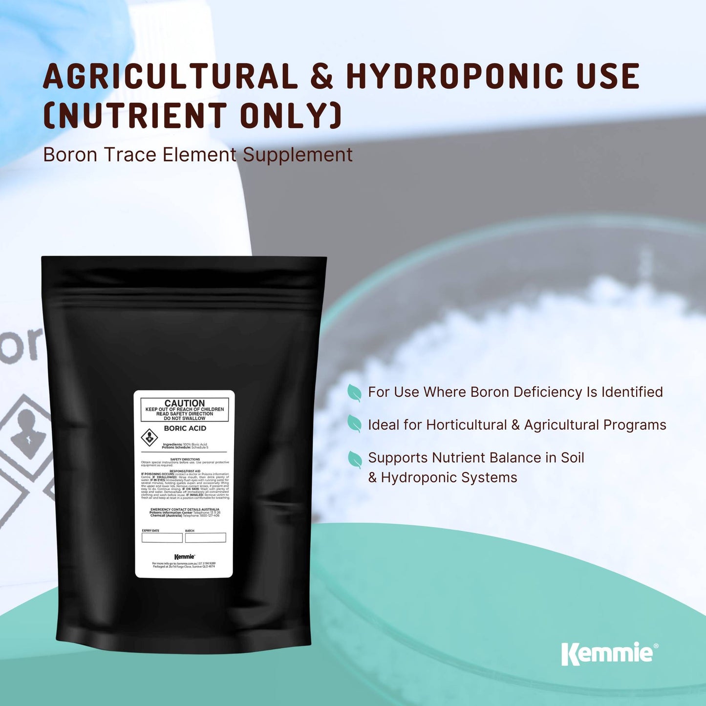Kemmie 1Kg Boric Acid Powder 99.9% Pure - Soluble Orthoboric Acid H3BO3