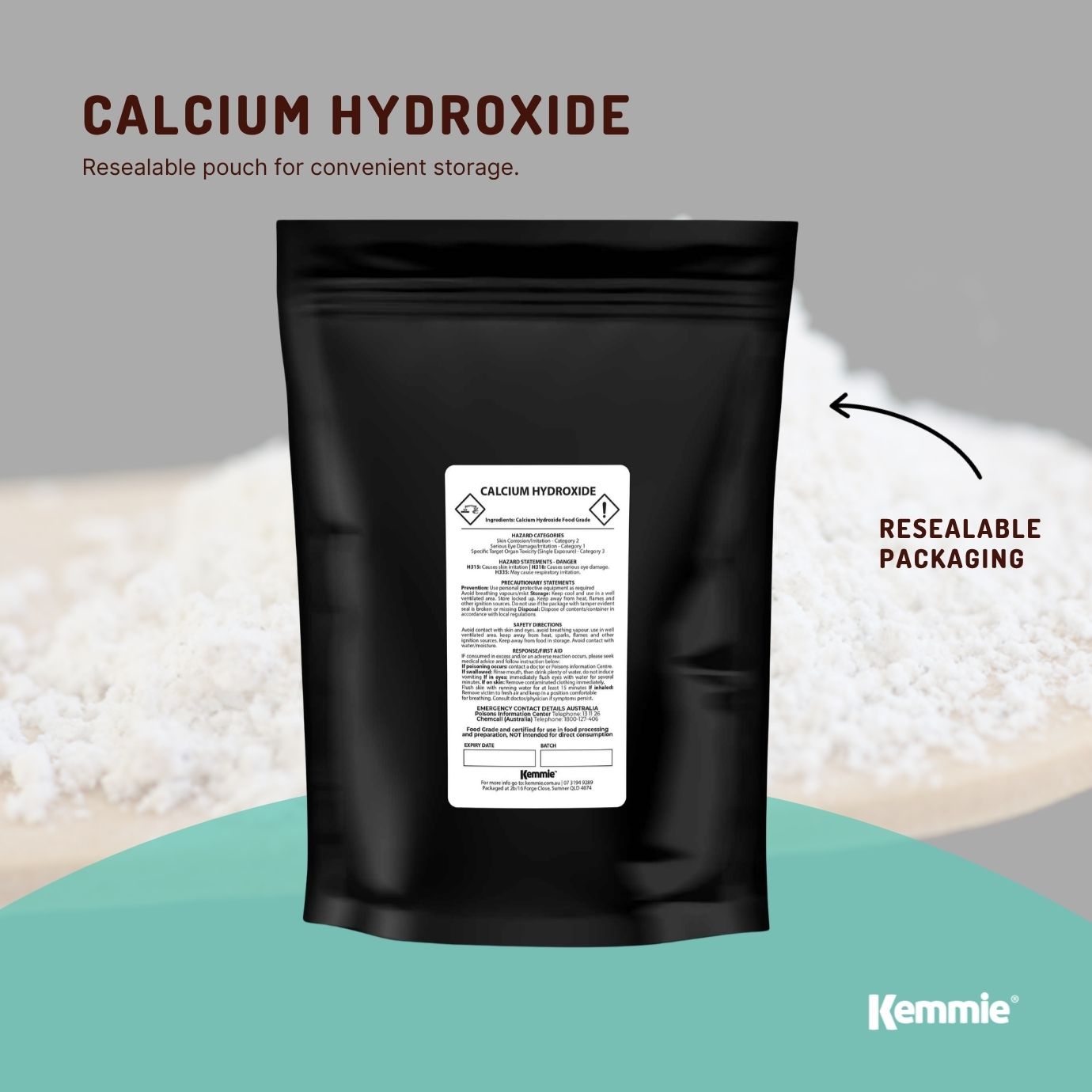 Kemmie 1Kg Calcium Hydroxide Powder - Food Grade Pickling Lime Slaked Lime FCC