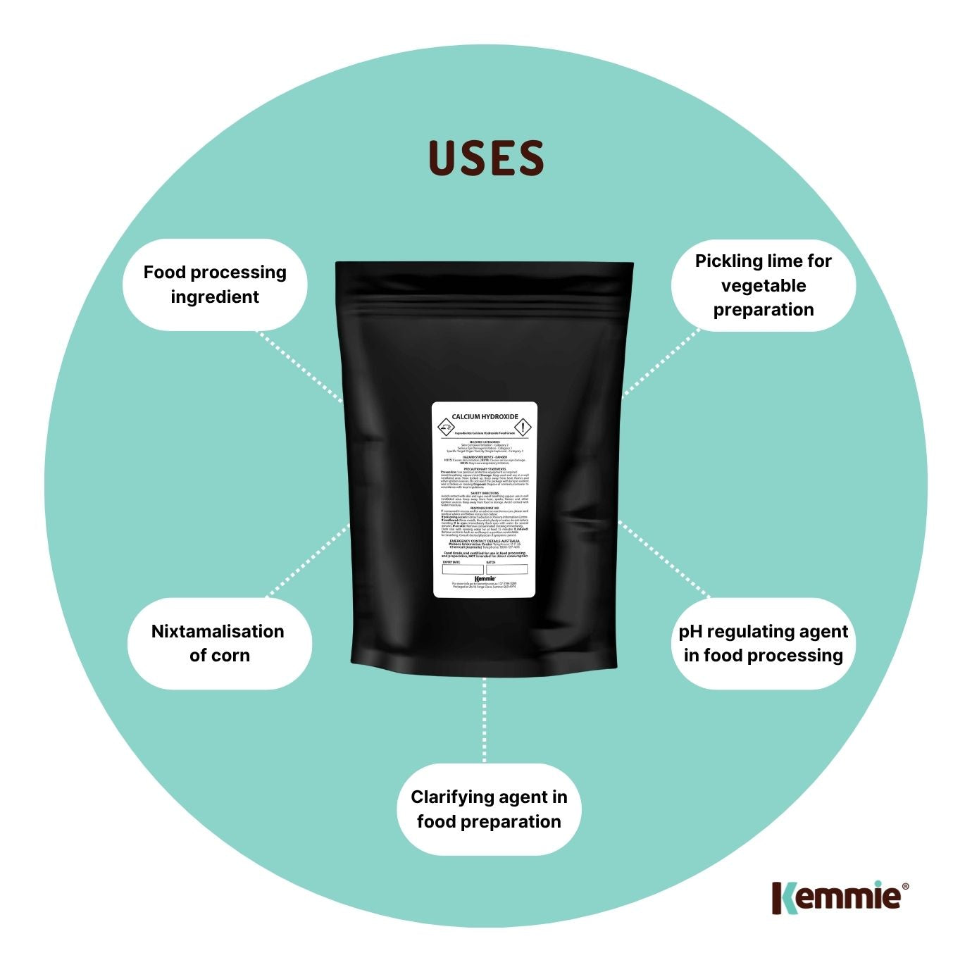 Kemmie 1Kg Calcium Hydroxide Powder - Food Grade Pickling Lime Slaked Lime FCC