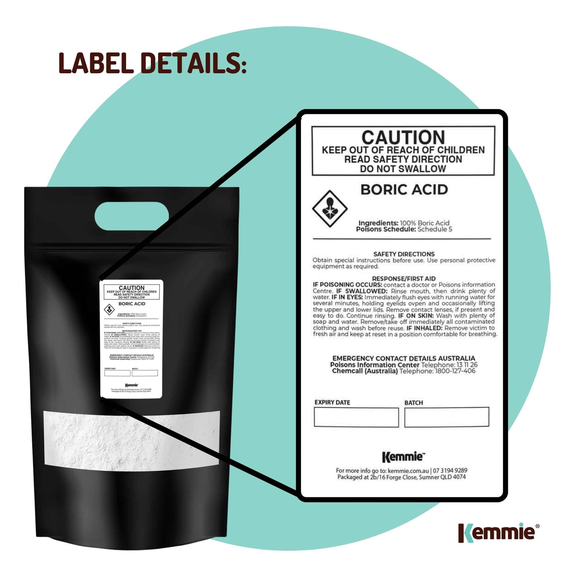 Kemmie 20Kg Boric Acid Powder 99.9% Pure - Soluble Orthoboric Acid H3BO3