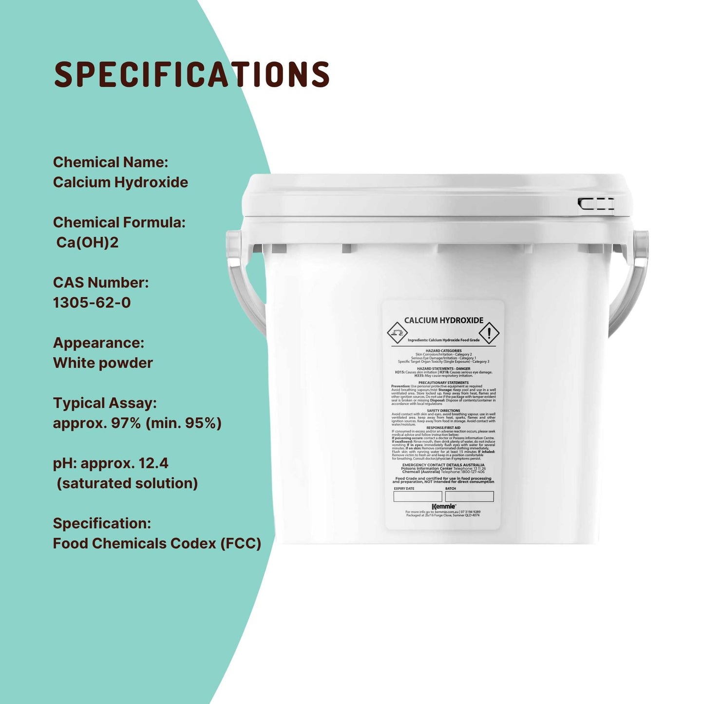 Kemmie 2.5kg Calcium Hydroxide Powder Tub - Food Grade Pickling Lime FCC