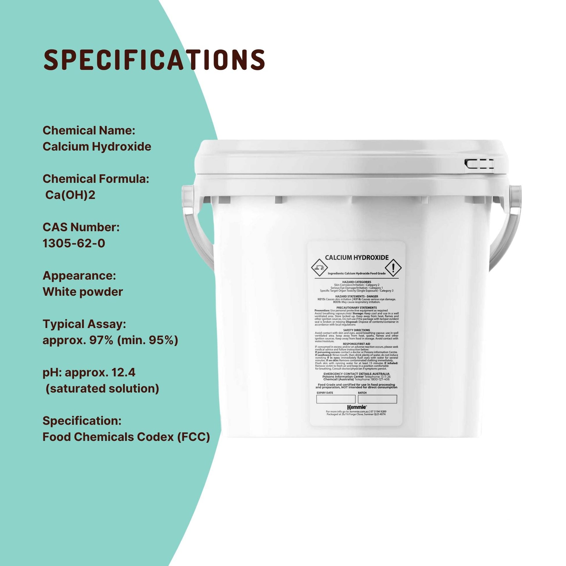 Kemmie 2.5kg Calcium Hydroxide Powder Tub - Food Grade Pickling Lime FCC