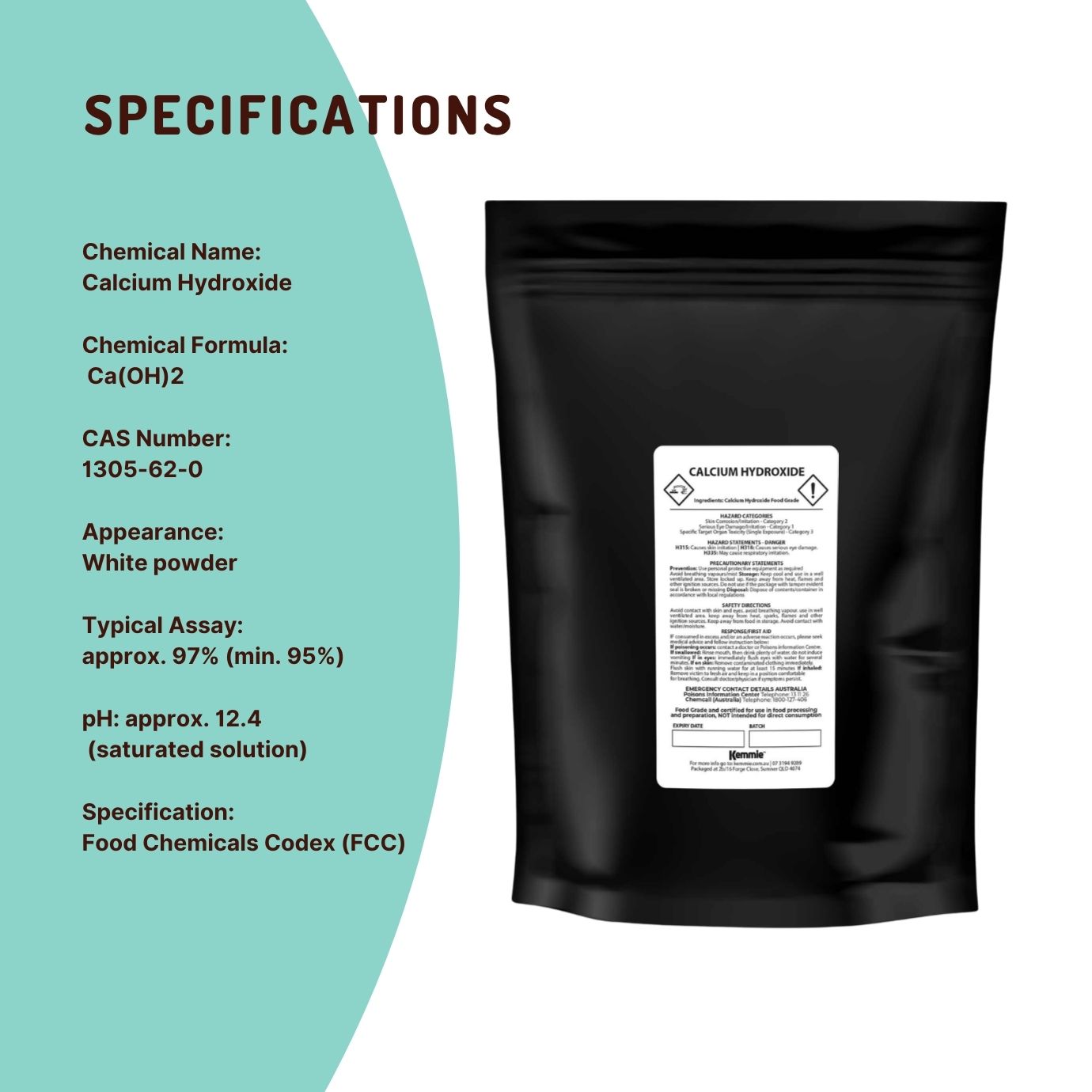 Kemmie 400g Calcium Hydroxide Powder - Food Grade Pickling Lime Slaked Lime FCC