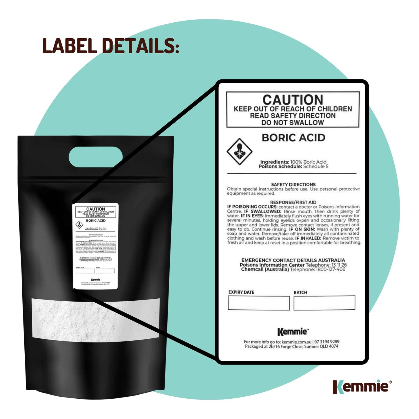 Kemmie 5Kg Boric Acid Powder 99.9% Pure - Soluble Orthoboric Acid H3BO3