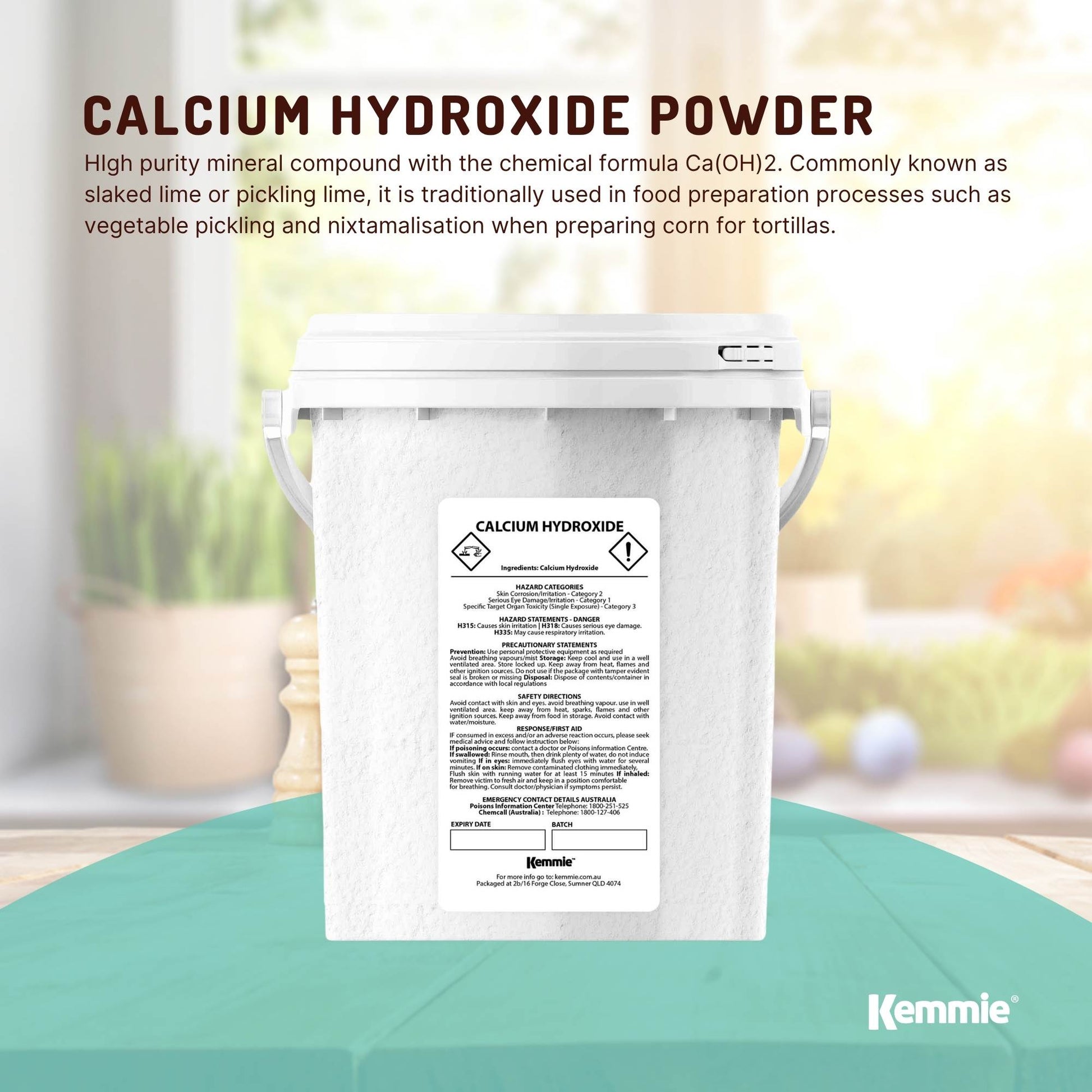 Kemmie 600g Calcium Hydroxide Powder Tub - Food Grade Pickling Lime FCC