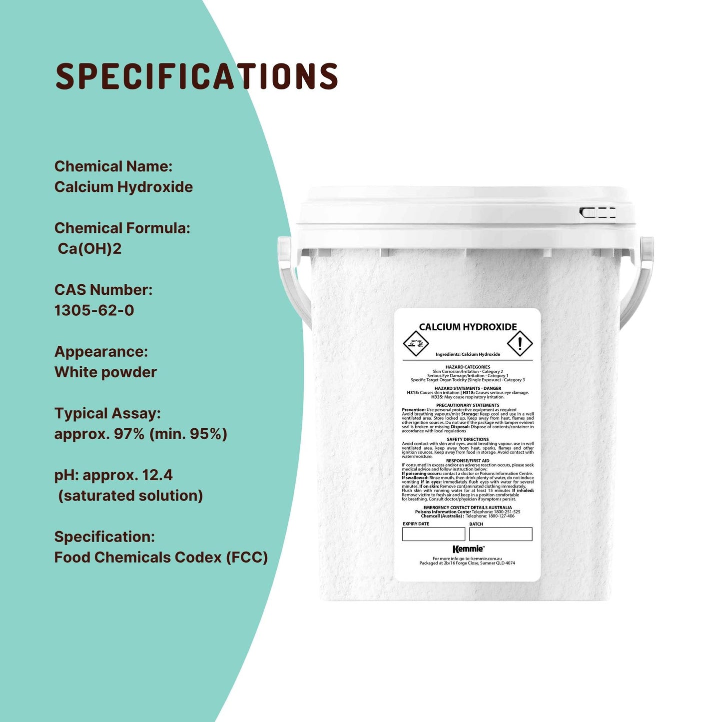 Kemmie 600g Calcium Hydroxide Powder Tub - Food Grade Pickling Lime FCC