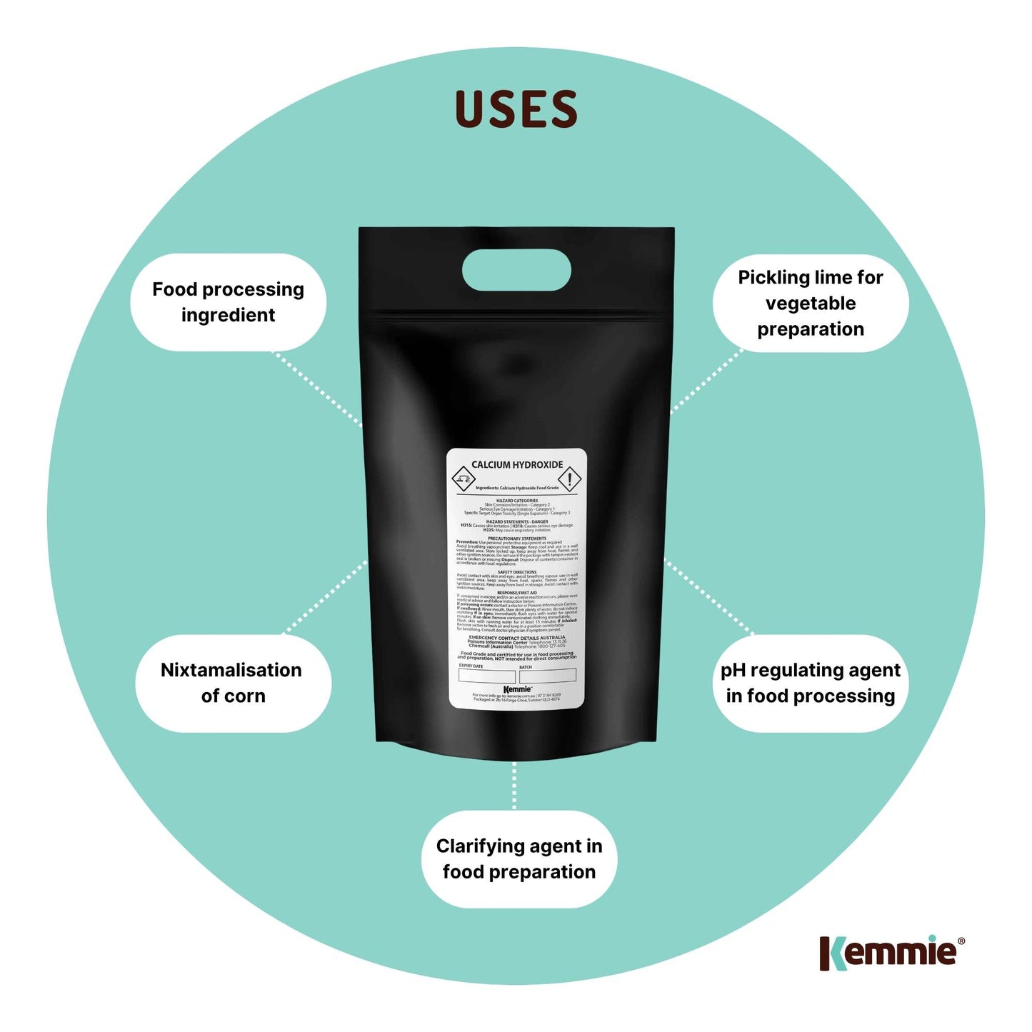 Kemmie Bulk 20Kg Calcium Hydroxide Powder - Food Grade Pickling Lime FCC
