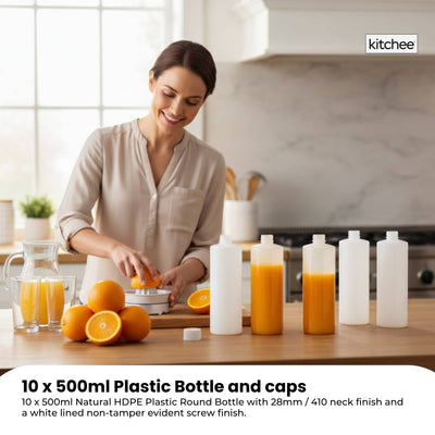 Kitchee 10x 500ml Natural HDPE Round Bottle + 28/410 Caps - Empty Plastic Food Storage