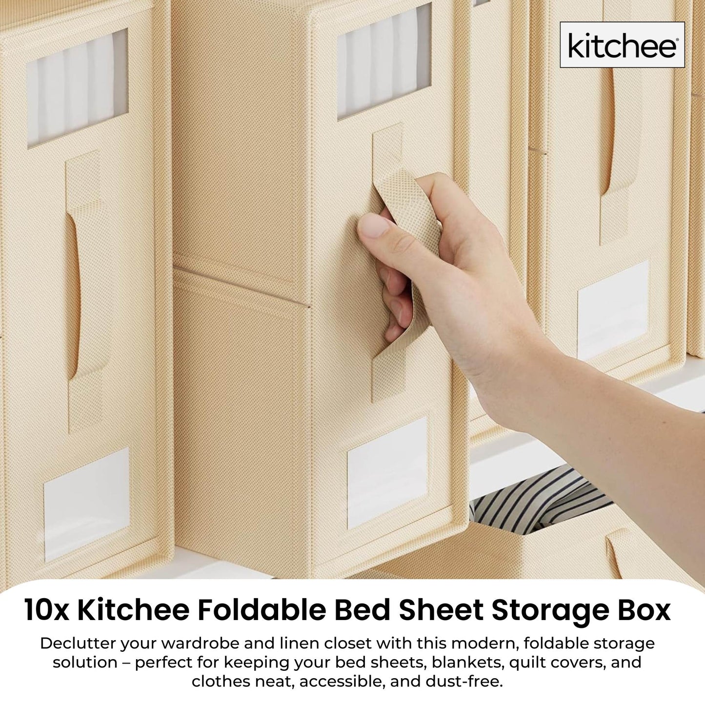 Kitchee 10x Foldable Bed Sheet Storage Box - Linen + Closet Organiser Beige