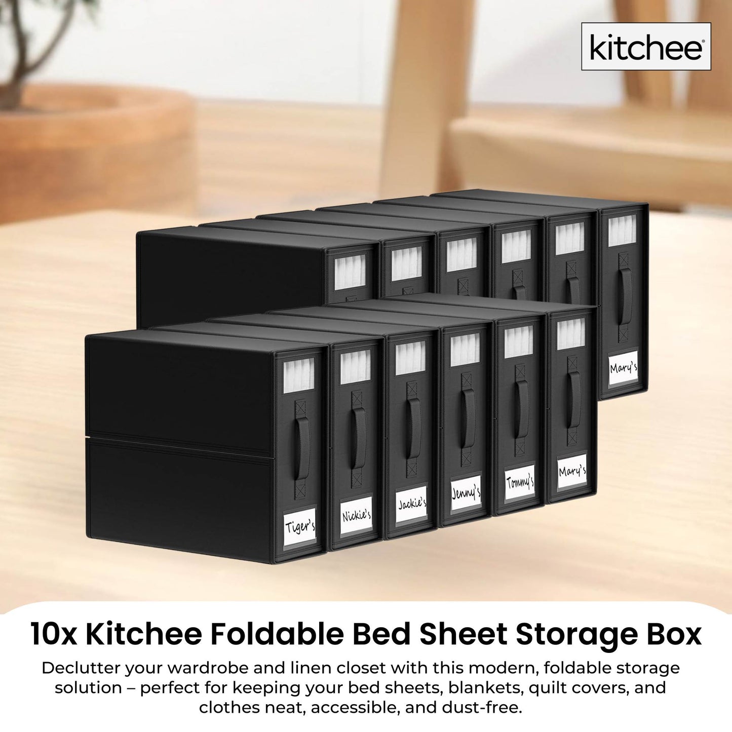 Kitchee 10x Foldable Bed Sheet Storage Box - Linen + Closet Organiser Black