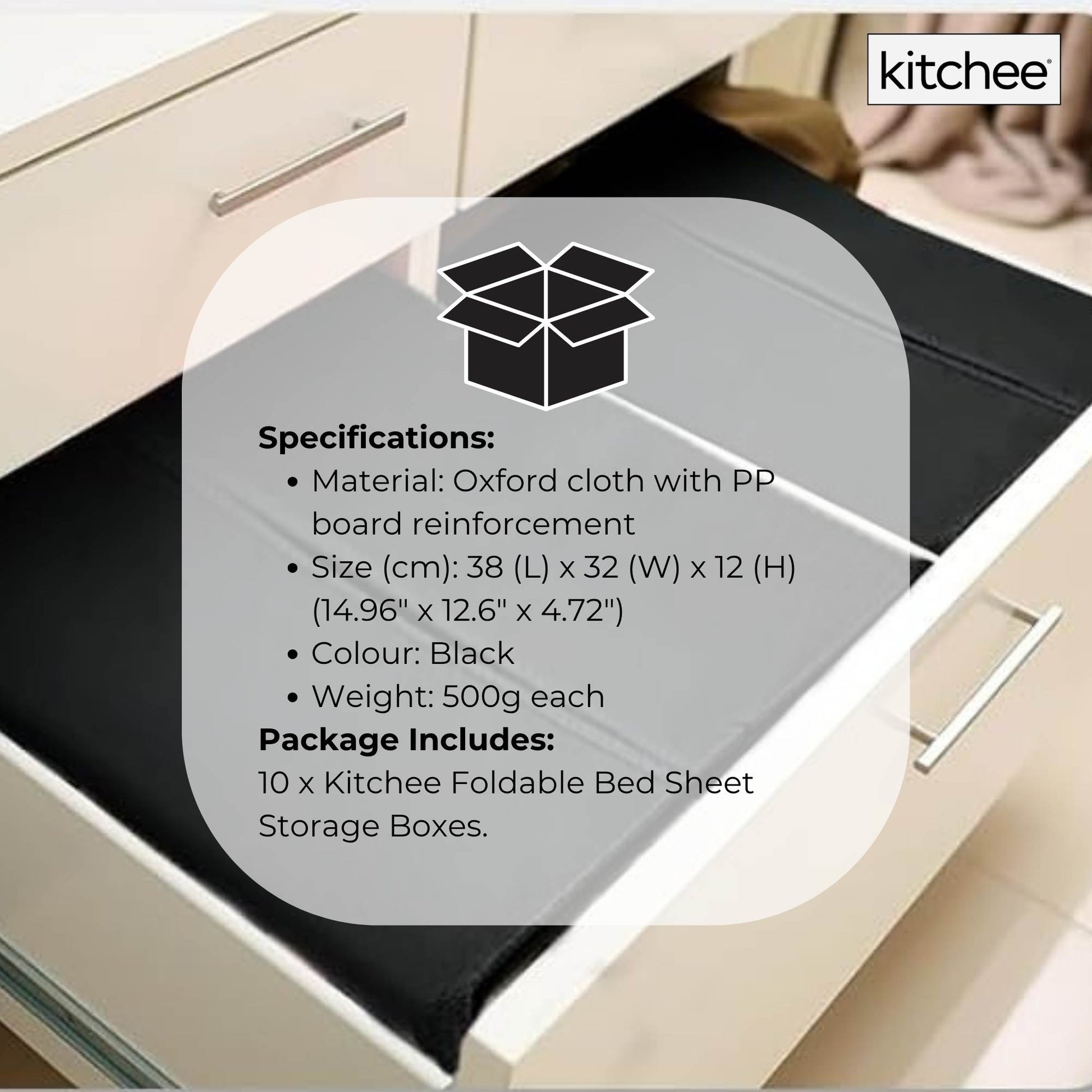Kitchee 10x Foldable Bed Sheet Storage Box - Linen + Closet Organiser Black